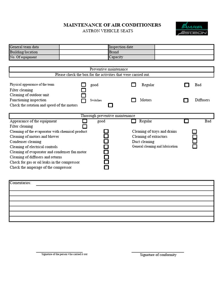 Air Conditioning Maintenance Format | PDF