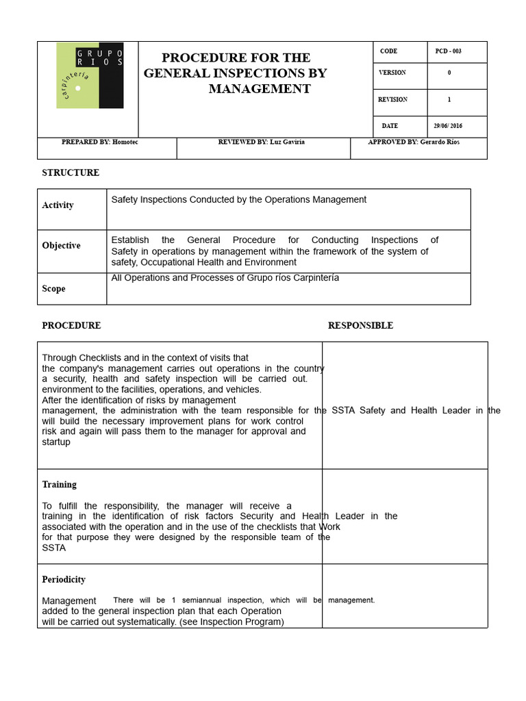 Management Safety Inspection Procedure | PDF | Occupational Safety And ...