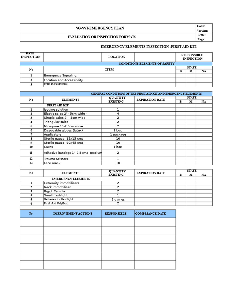 Annex #09 Emergency Elements Inspection Format - First Aid Kits | PDF ...