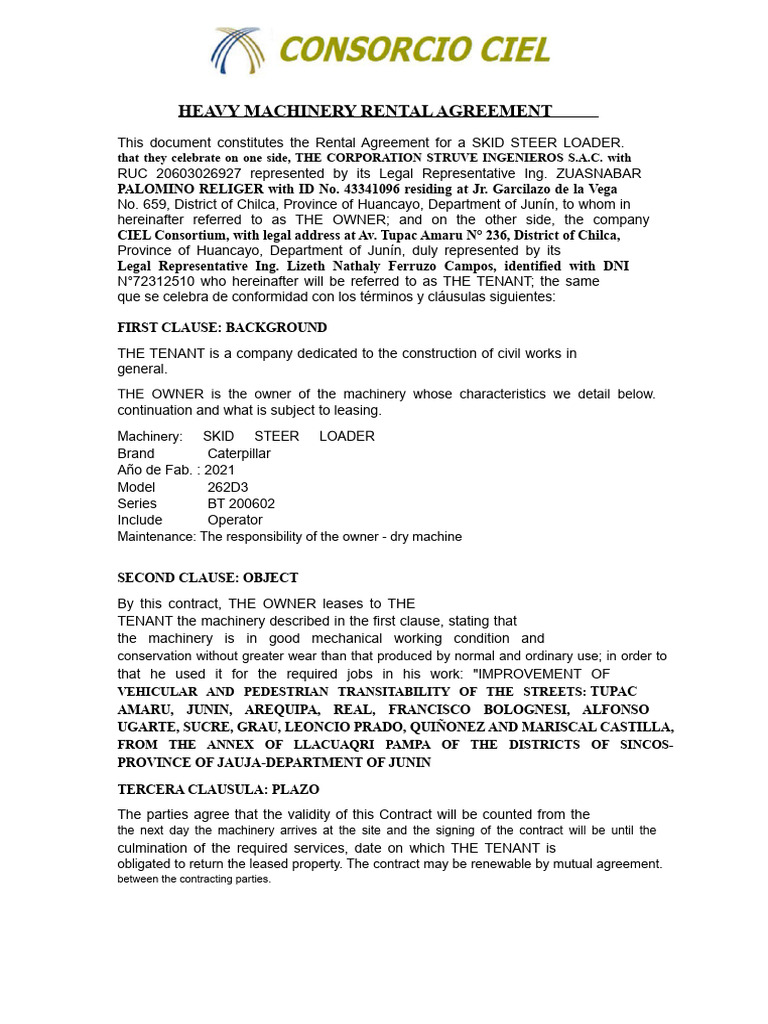 Skid Steer Loader Rental Agreement | PDF | Lease | Renting