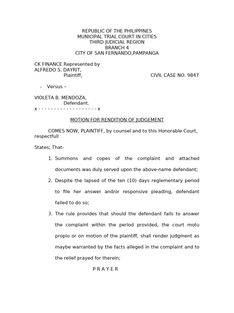 Motion for Judgment in Civil Case 9847 | PDF | Complaint | Lawsuit