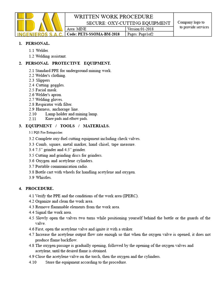 Procedure Pets-Use of Oxycutting Equipment | PDF | Personal Protective ...