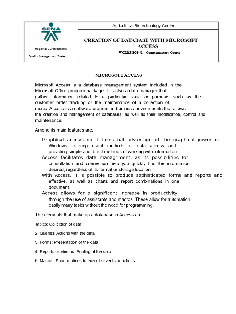 Workshop 1 - Access Sena | PDF | Microsoft Access | Databases