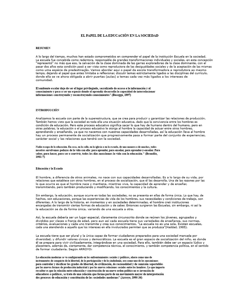 El Papel de La Educación en La Sociedad | PDF | Aprendizaje | Sociedad
