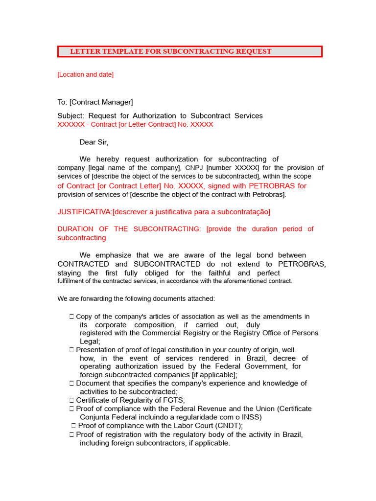 Template For Subcontracting Request Letter | PDF | Subcontractor ...