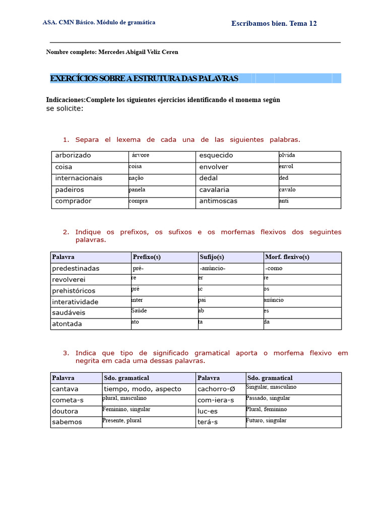 Exercícios de Morfologia e Gramática | PDF | Gramática | Famílias ...