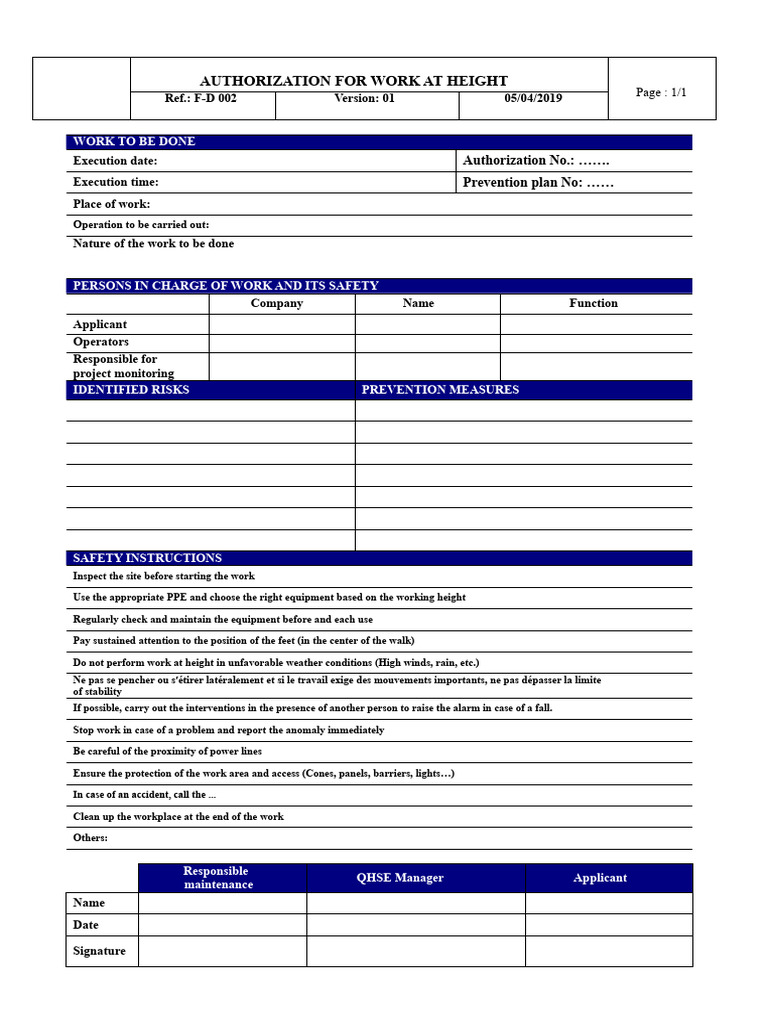 Work at Height Authorization Form | PDF