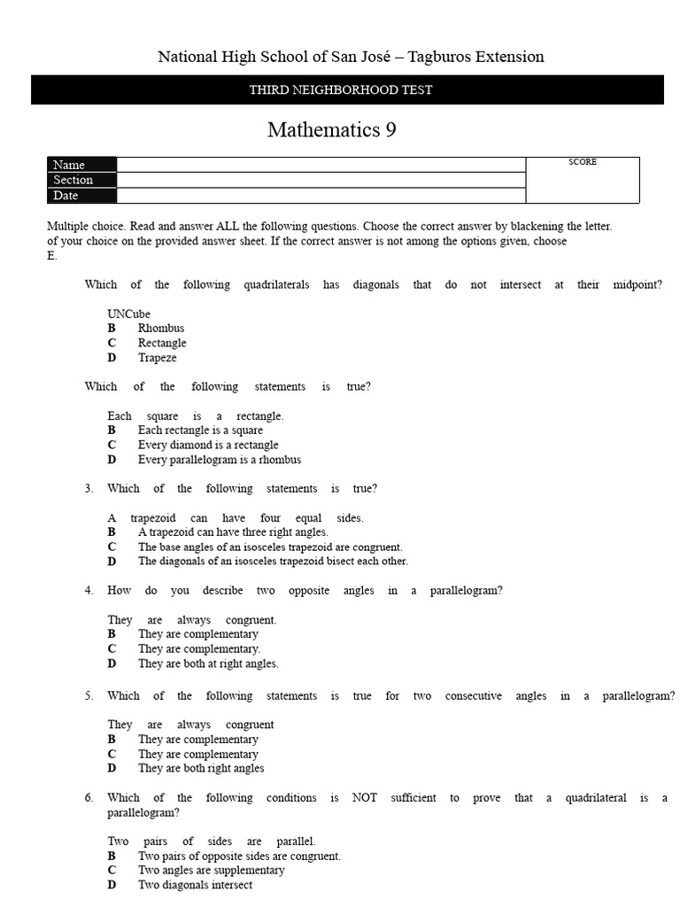 Mathematics Exam For The Third Term, 9th Grade | PDF | Rectangle | Geometry