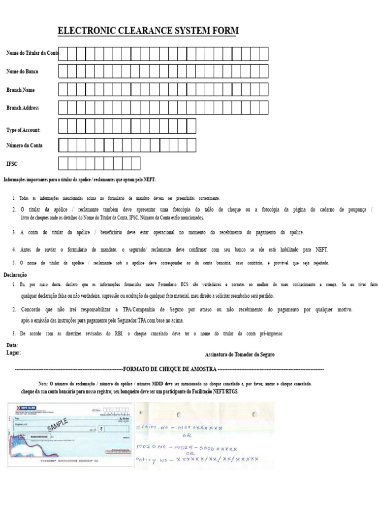Formulário ECS para Pagamentos NEFT | PDF | Cheque (banco) | Bancos