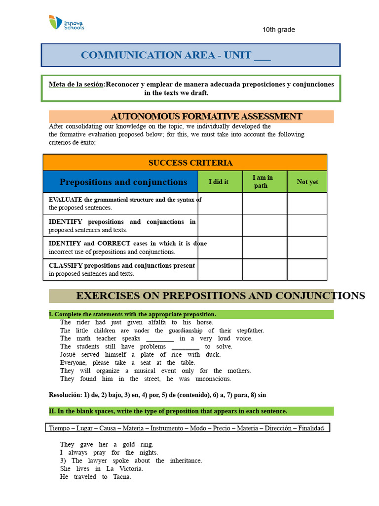 Prepositions and Conjunctions Exercises | PDF | Linguistics | Grammar