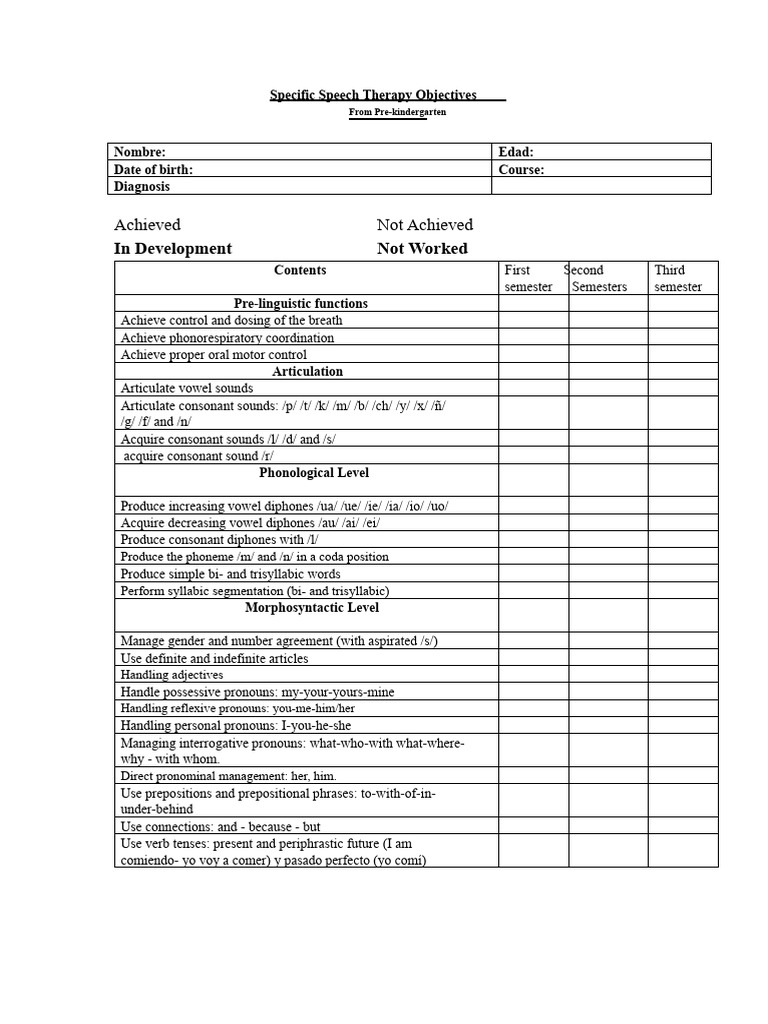 Specific speech therapy objectives for pre-kindergarten | PDF ...