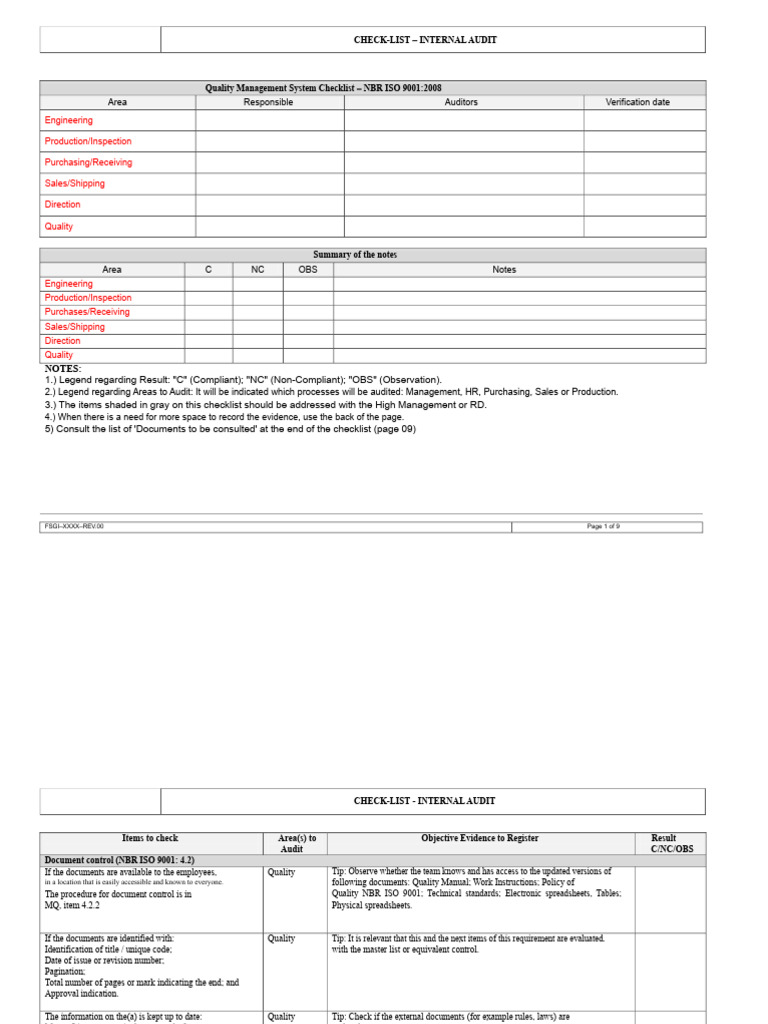 Internal Audit Checklist for ISO 9001:2008 | PDF | Audit | Verification ...