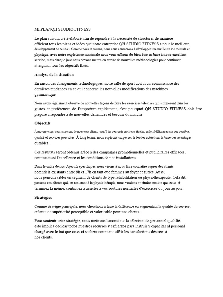 Stratégie de développement QH Studio Fitness | PDF | Commercialisation