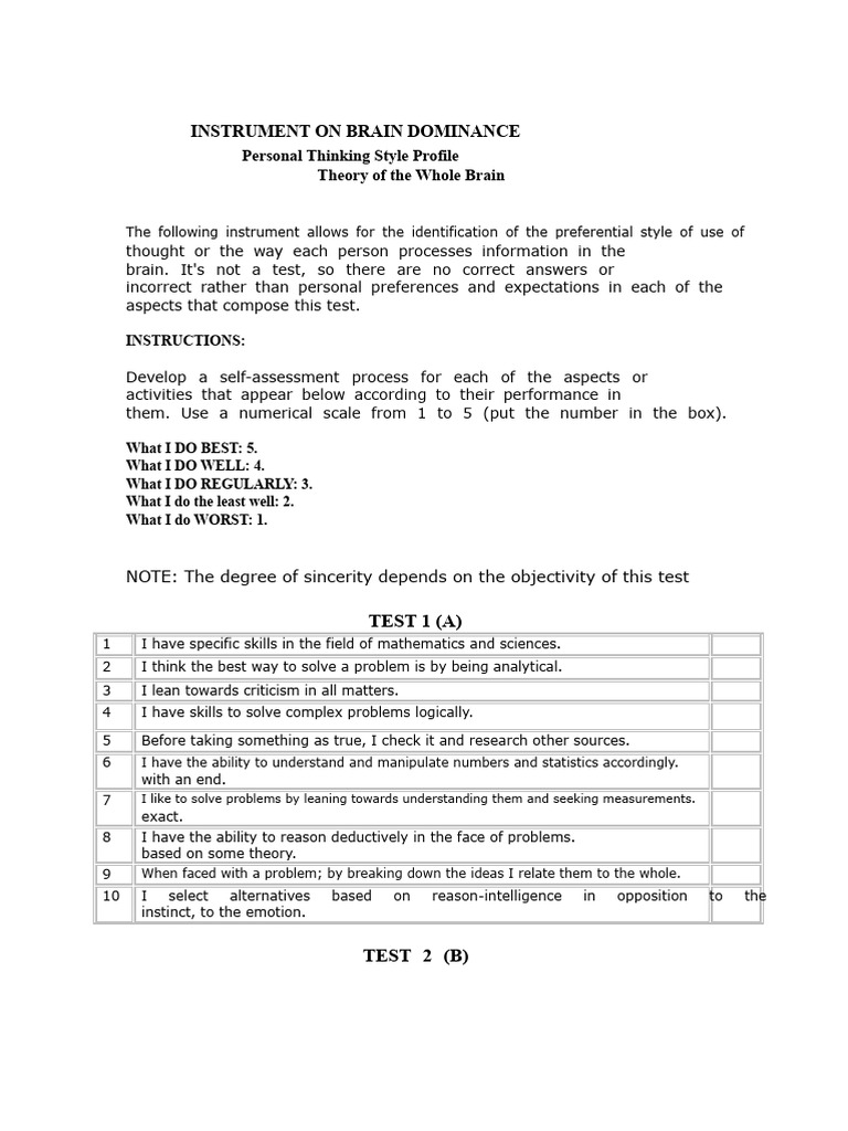 Brain Dominance Self-Assessment Tool | PDF | Theory | Thought