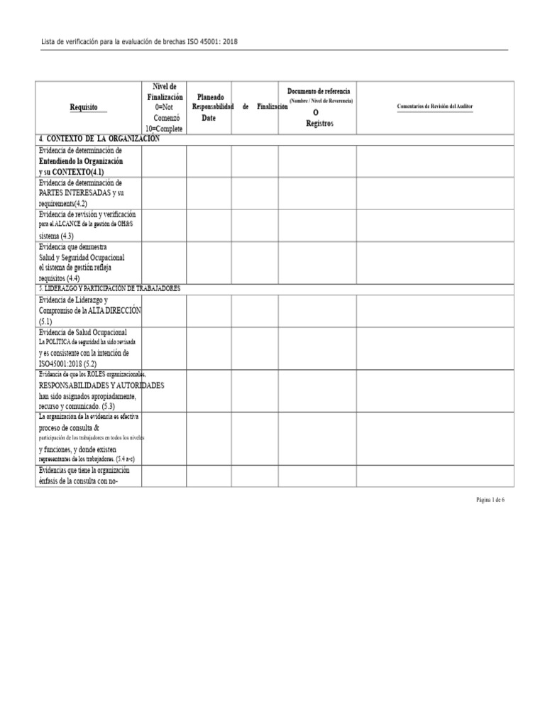 ISO 45001 - Evaluación de Brechas - Lista de Verificación | PDF ...