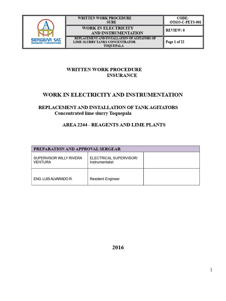 Agitator Installation Procedure for Lime Tanks | PDF | Occupational ...