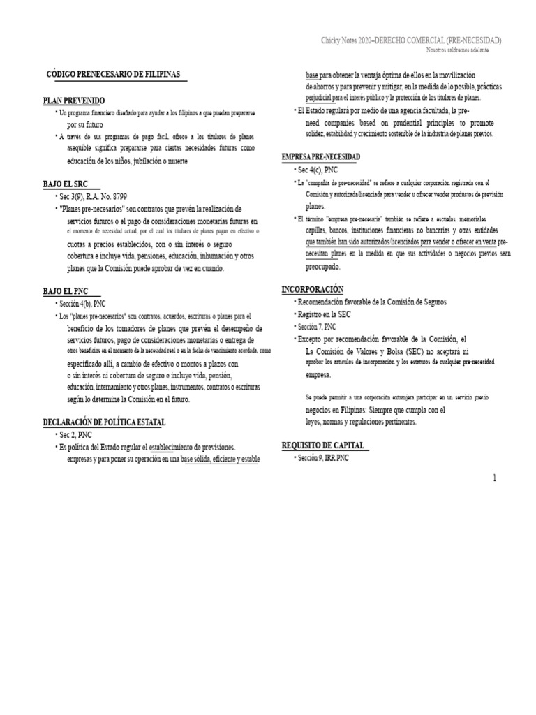 NOTAS - Código Previo de Filipinas (Pre-Need) PDF | PDF | Seguro | Efectivo