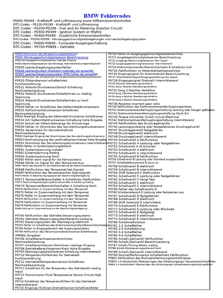 Bmw Fehlercodes Liste