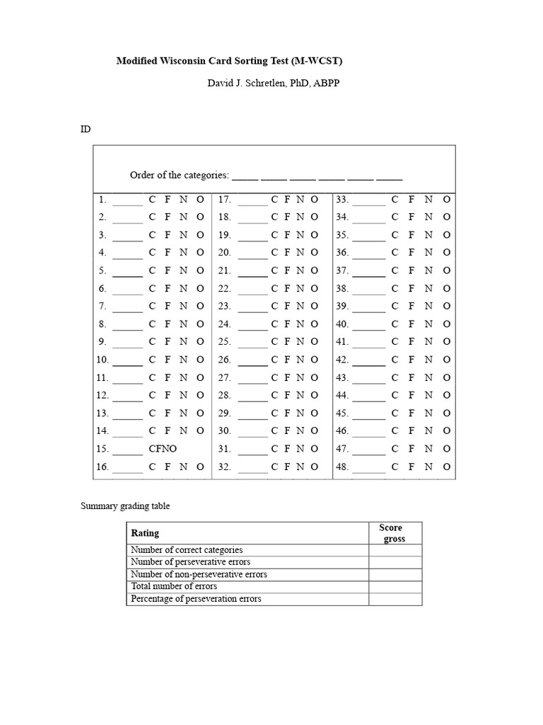 M-WSCT - Answer Sheet | PDF