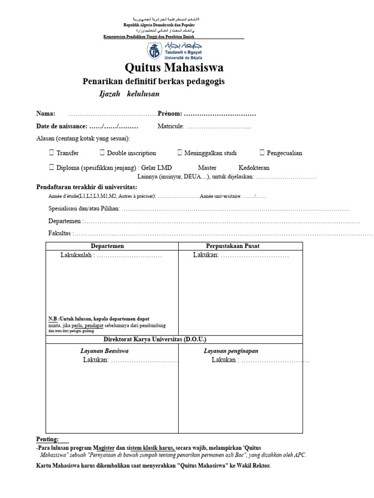 Quitus Mahasiswa dan Prosedur Penarikan | PDF