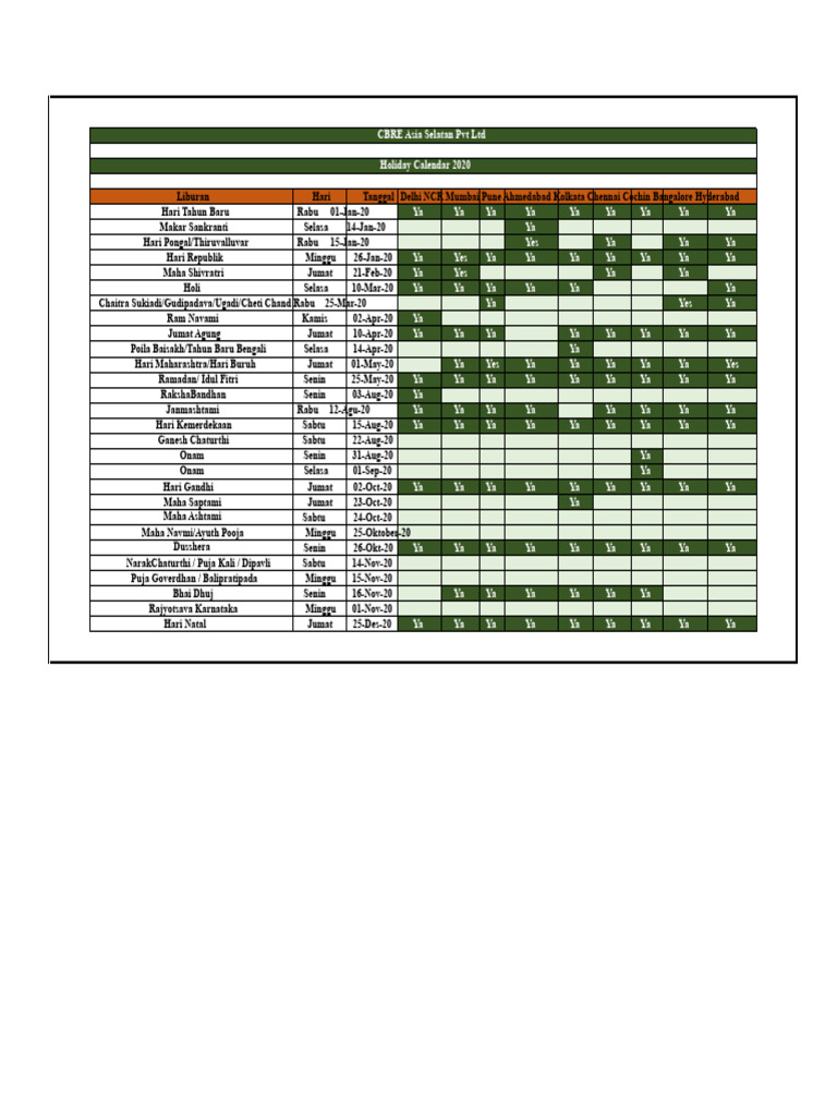 Daftar Libur CBRE - 2020 | PDF