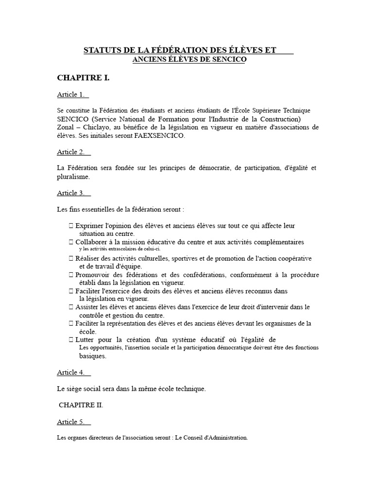 Statuts de la Fédération SENCICO | PDF | Conseil d'administration ...