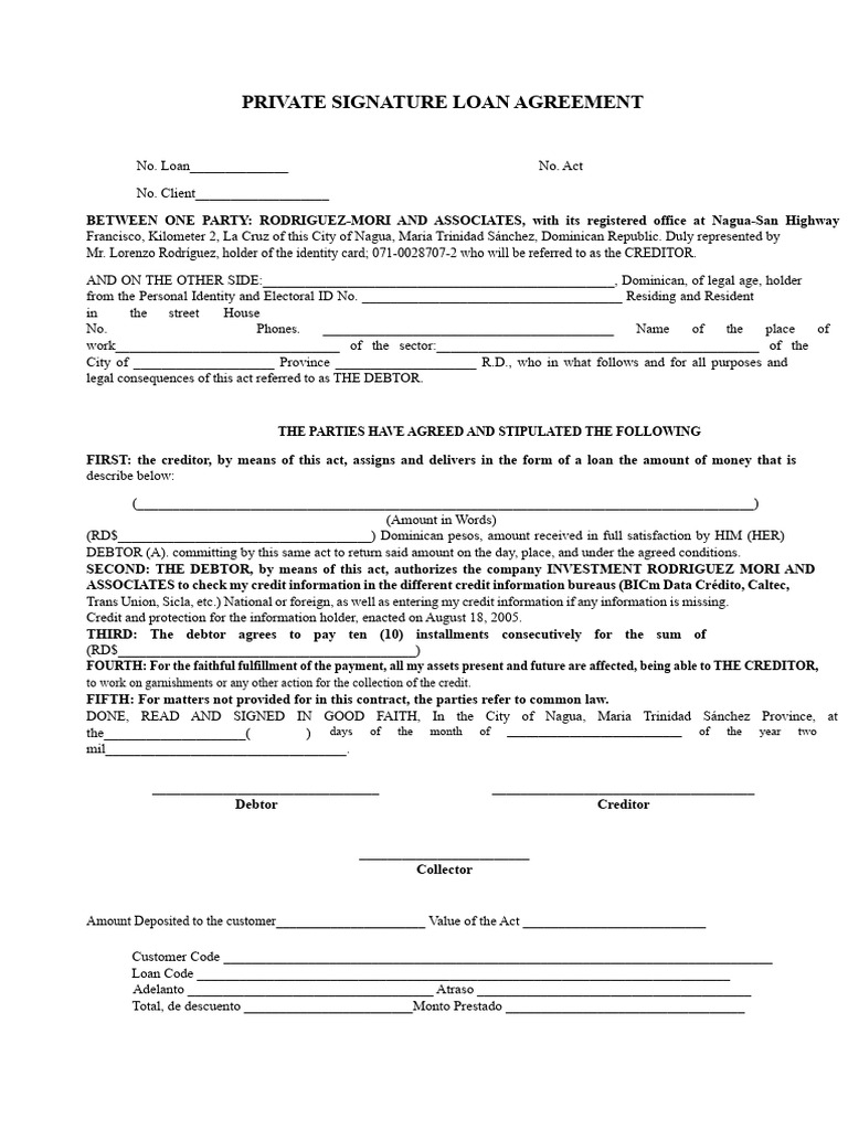 Private Signature Loan Agreement - Lorenzo Rodriguez | PDF | Credit ...