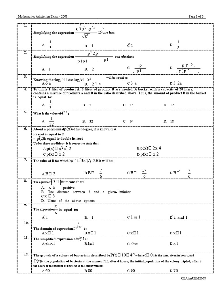 2008 Mathematics Admission Exam Questions | PDF | Function (Mathematics ...