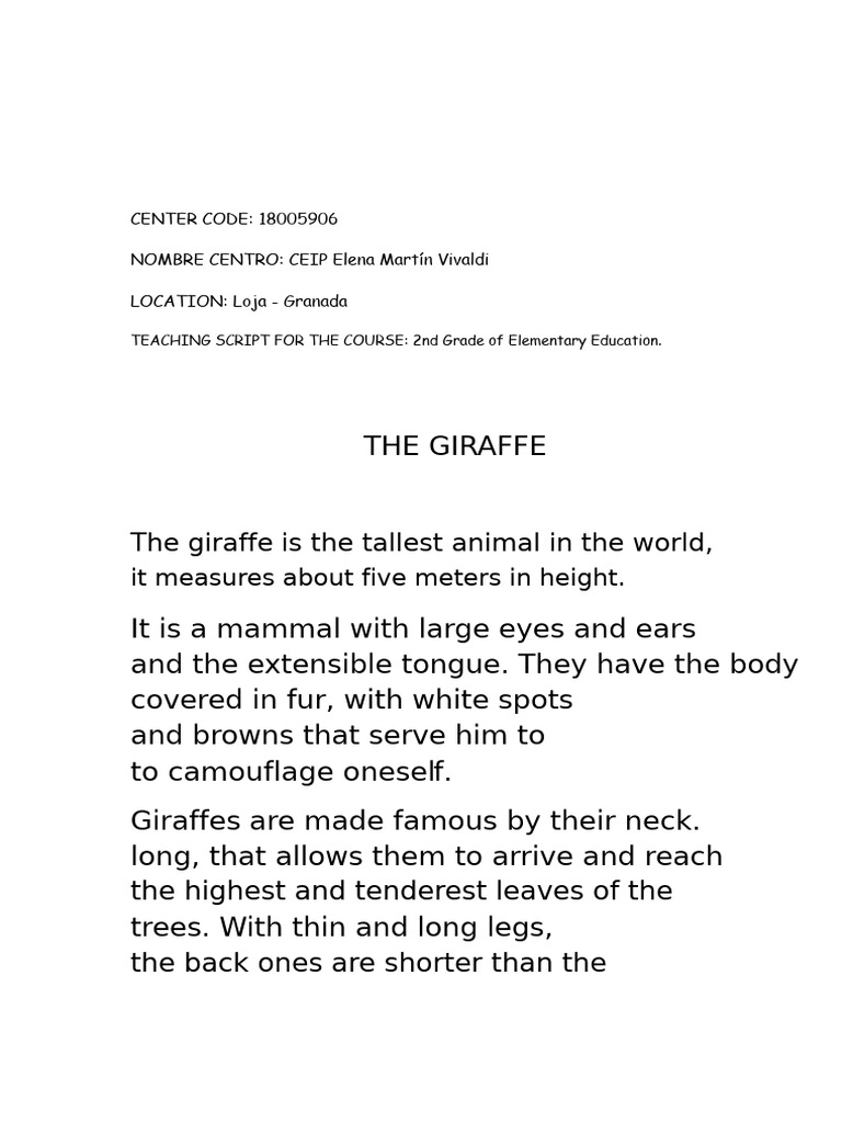 Teaching Script: Giraffe for 2nd Grade | PDF | Giraffe | Zoology