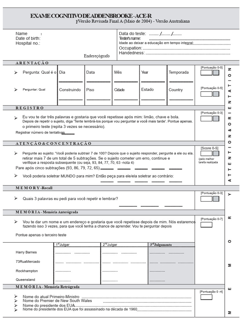 Exame Cognitivo Addenbrooke ACE-R | PDF