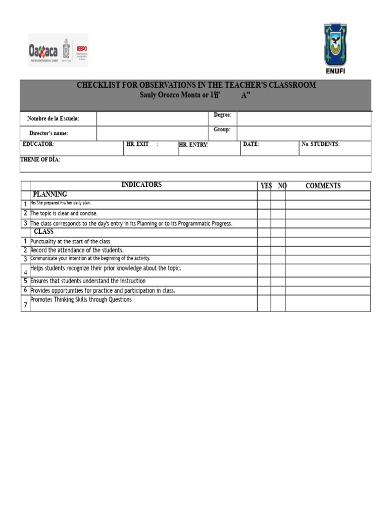 Classroom Observation Checklist | PDF | Human Communication | Behavior ...