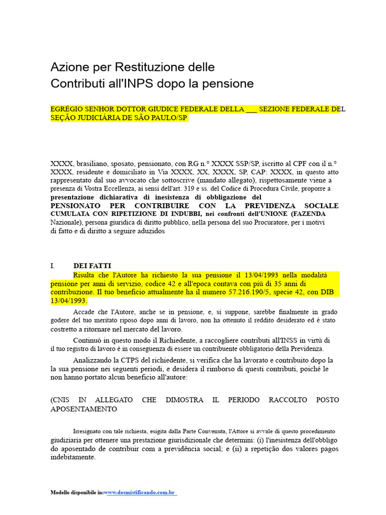 MODELLO Azione Per Restituzione Dei Contributi Al INPS Dopo La Pensione ...