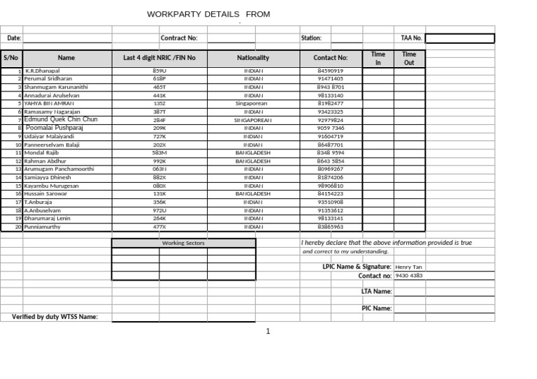 Workparty Safe Entry Record Form | PDF