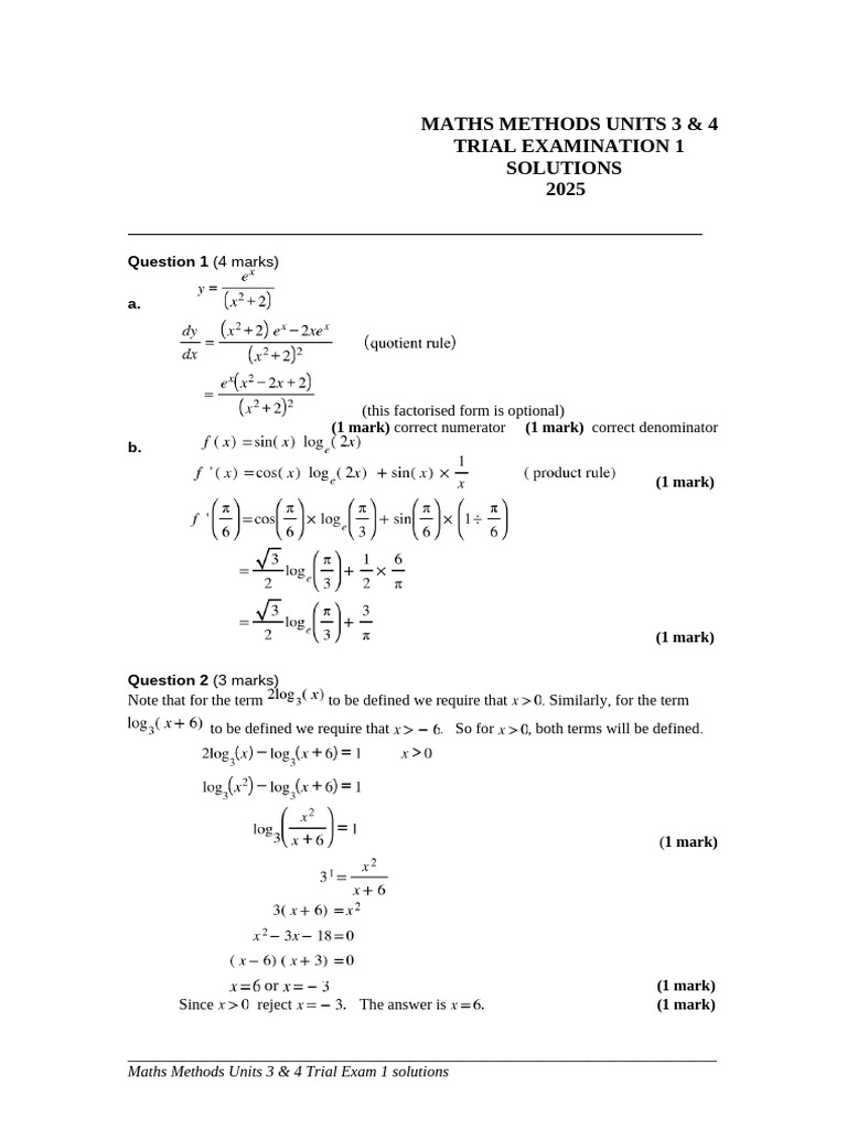 Maths Methods Units 3 & 4 Trial Exam Solutions | PDF | Asymptote ...