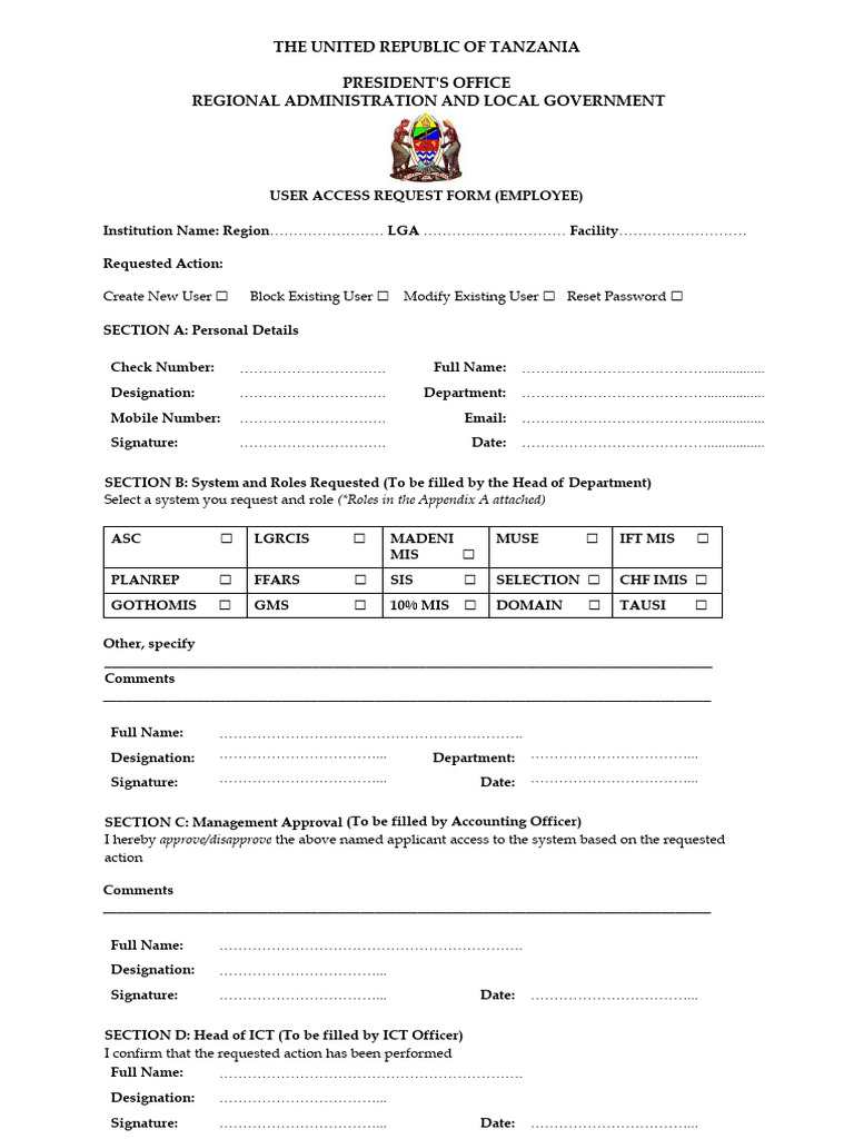 Tanzania Employee User Access Form | PDF | Computer Security | Security