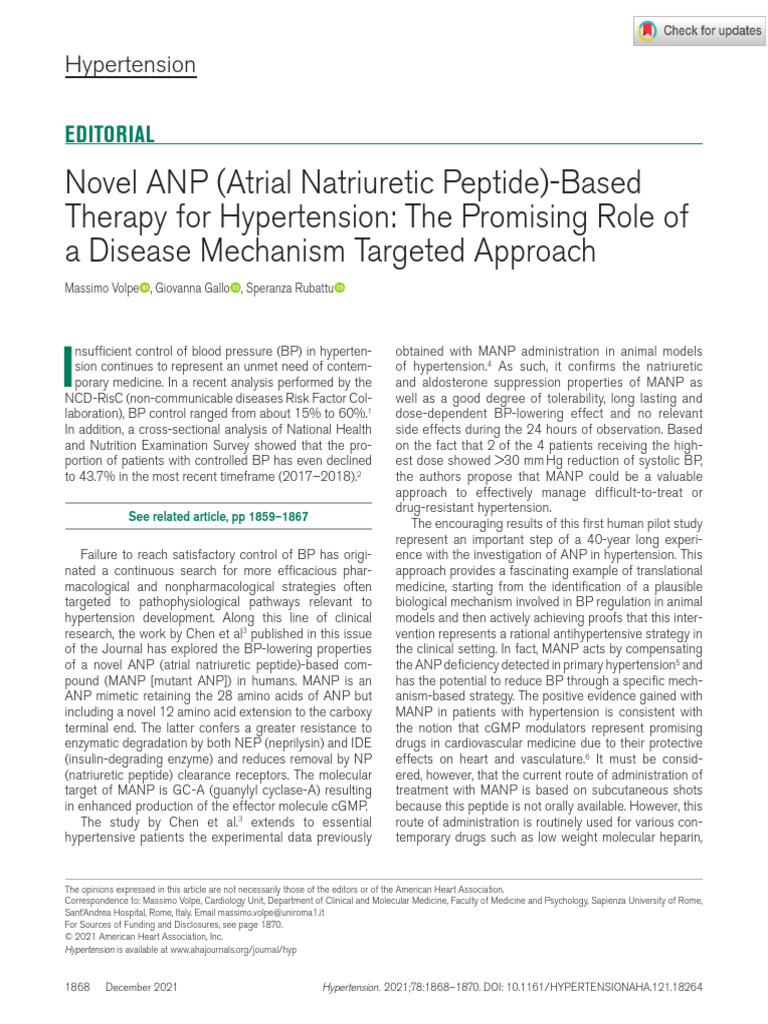ANP-Based Therapy for Hypertension Insights | PDF | Medical Specialties