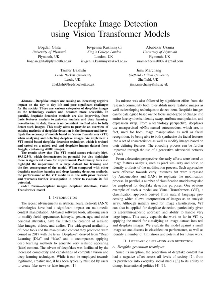 Vision Transformer for Deepfake Detection | PDF | Computing | Learning