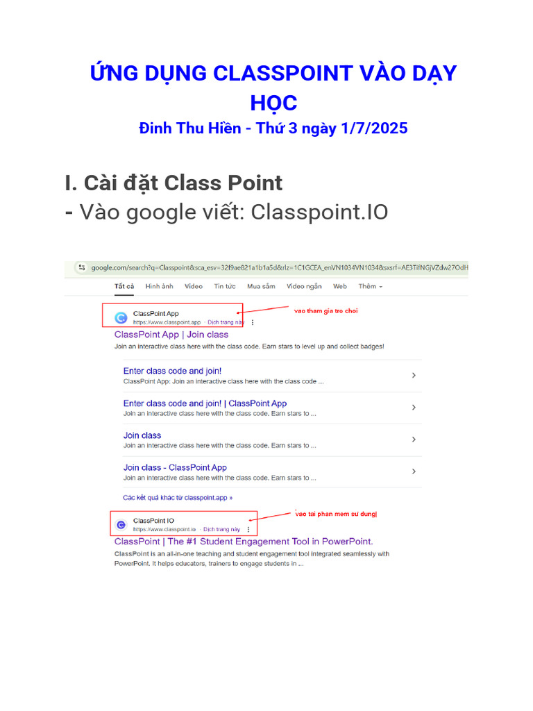 Gửi Các Thầy Cô Ứng Dụng Classpoint Vào Dạy Học | PDF