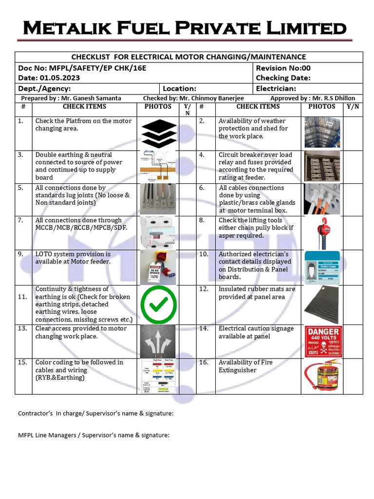16E Electrical Motor Changing Checklist | PDF | Electrical Components ...