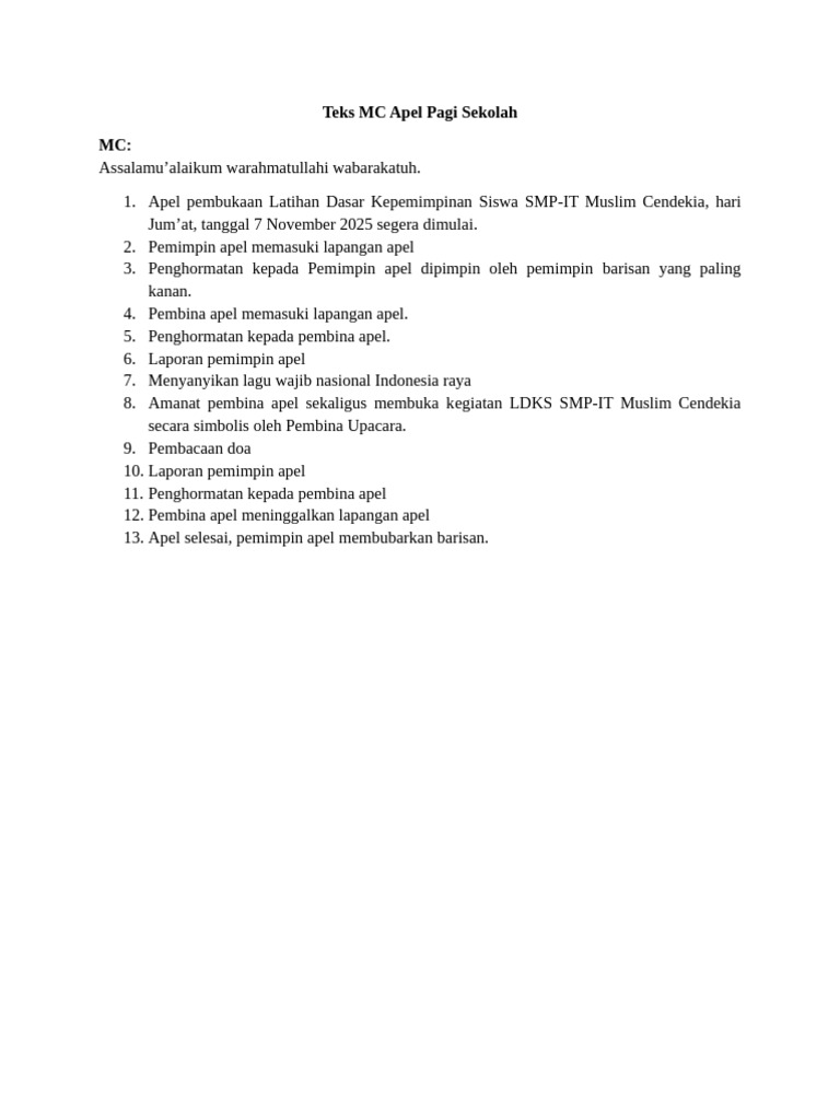 Teks MC Apel Pagi Sekolah SMP-IT | PDF