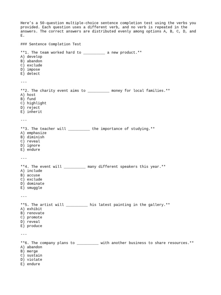 50-Question Verb Sentence Test | PDF