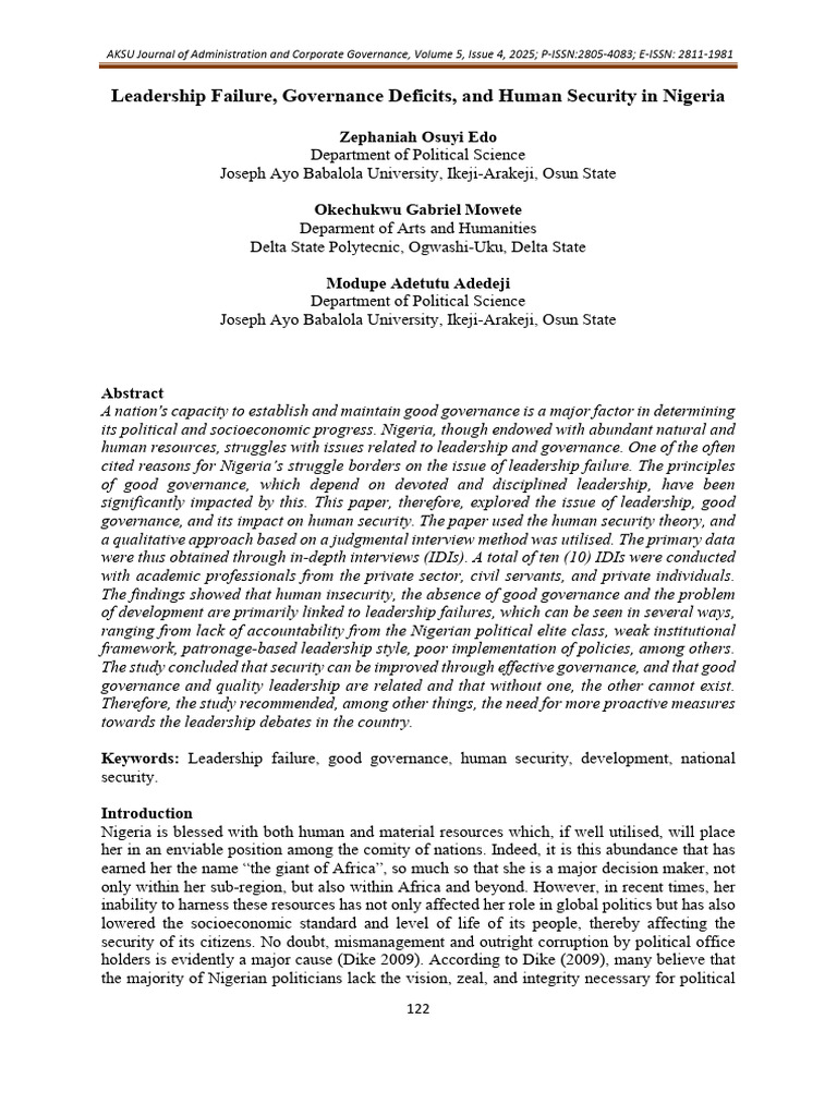 Leadership and Governance in Nigeria | PDF | Cost Of Living | Good ...