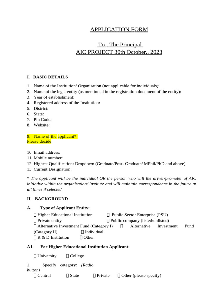 AIC Application Form Details | PDF | Expense | Startup Company