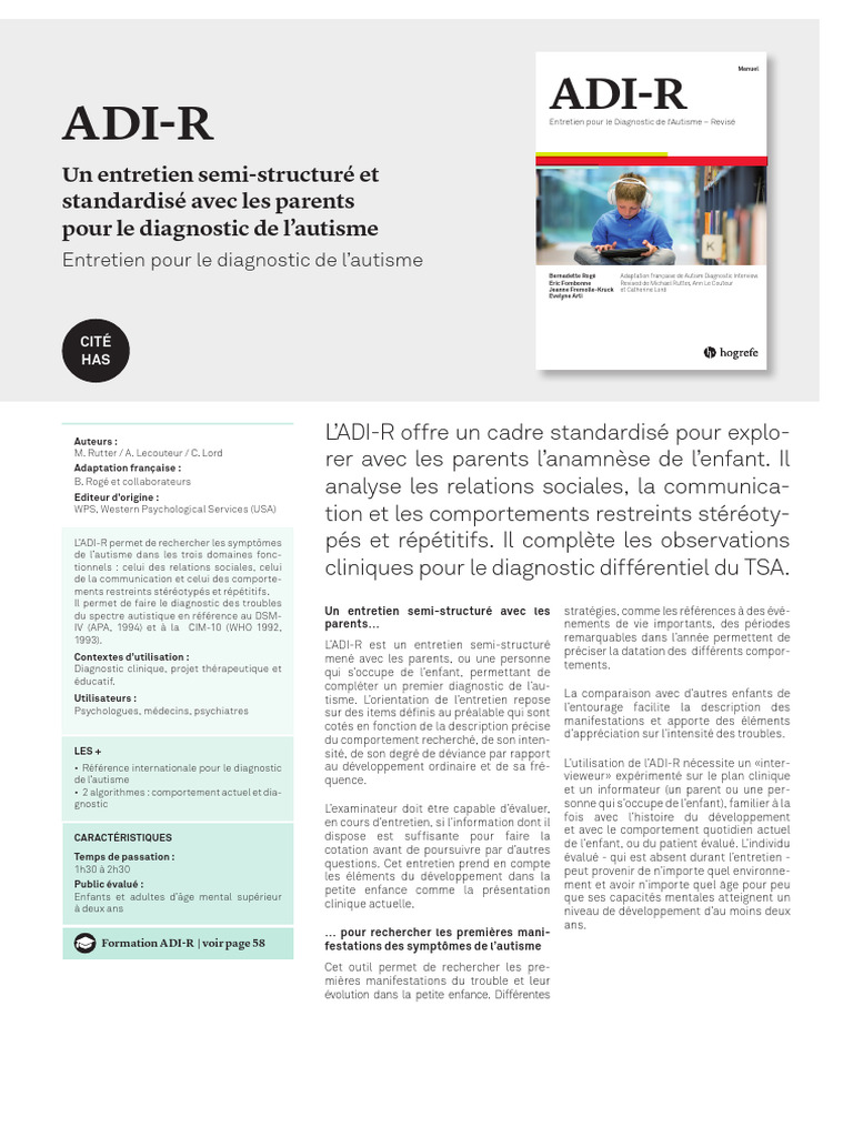 Entretien ADI-R pour Diagnostiquer l'Autisme | PDF | Autisme | Santé ...