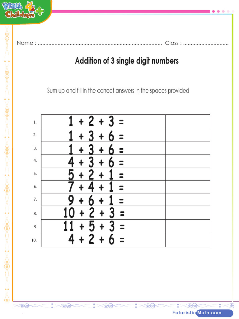 Grade 1 Addition Worksheet: Sum 3 Numbers | PDF | Chess Theory | Chess