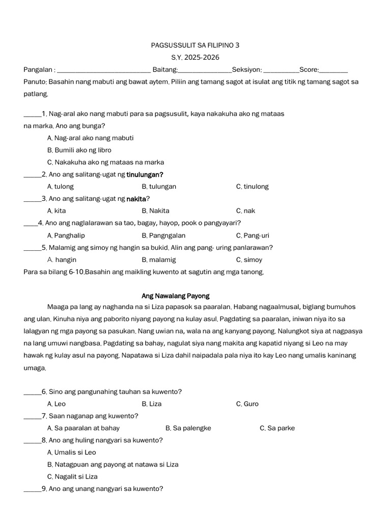 Pagsussulit Sa Filipino 3 | PDF