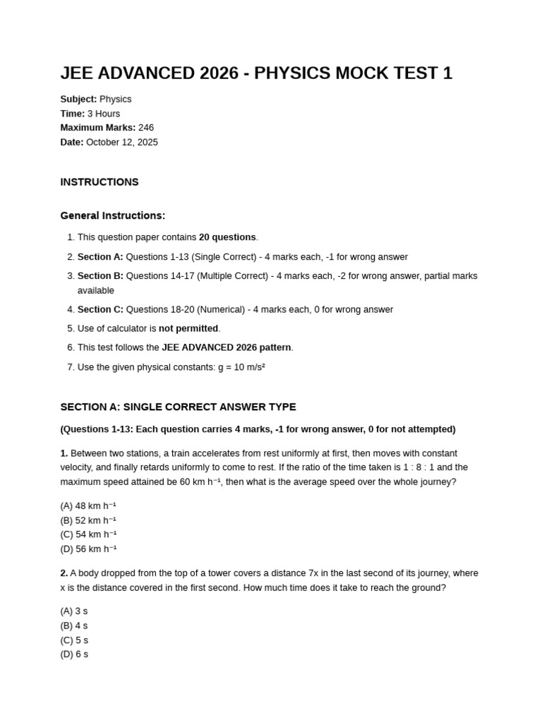 JEE Advanced 2026 Physics Mock Test | PDF | Acceleration | Force