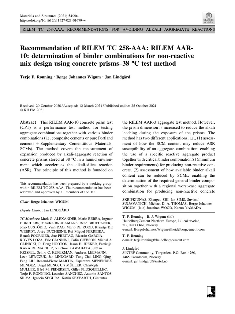 Rilem TC 258-Aaa Rilem Aar-10 | PDF | Concrete | Cement