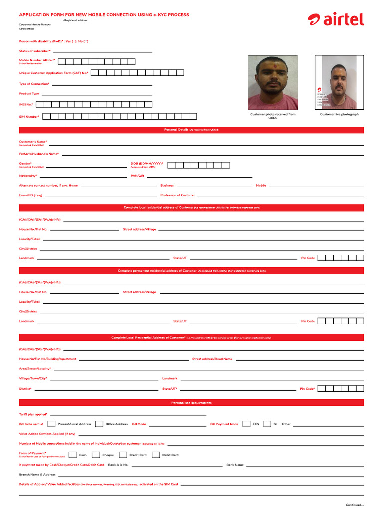 e-KYC Mobile Connection Application Form | PDF | Telecommunications ...