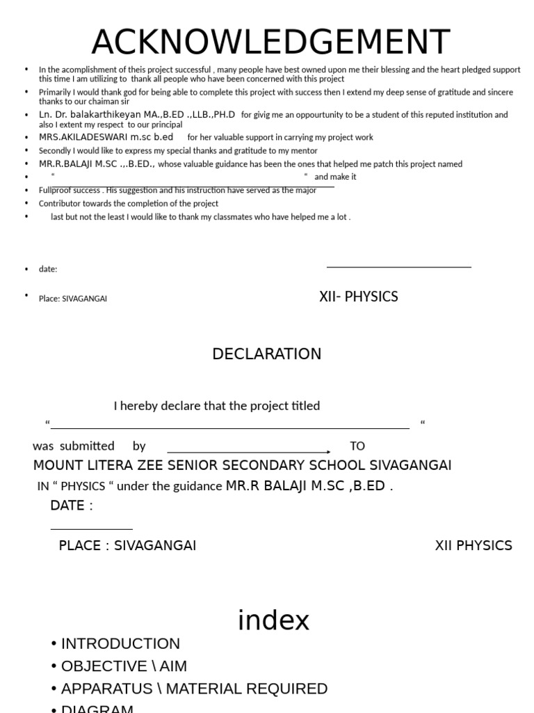 Acknowledgement for Physics Project Completion | PDF
